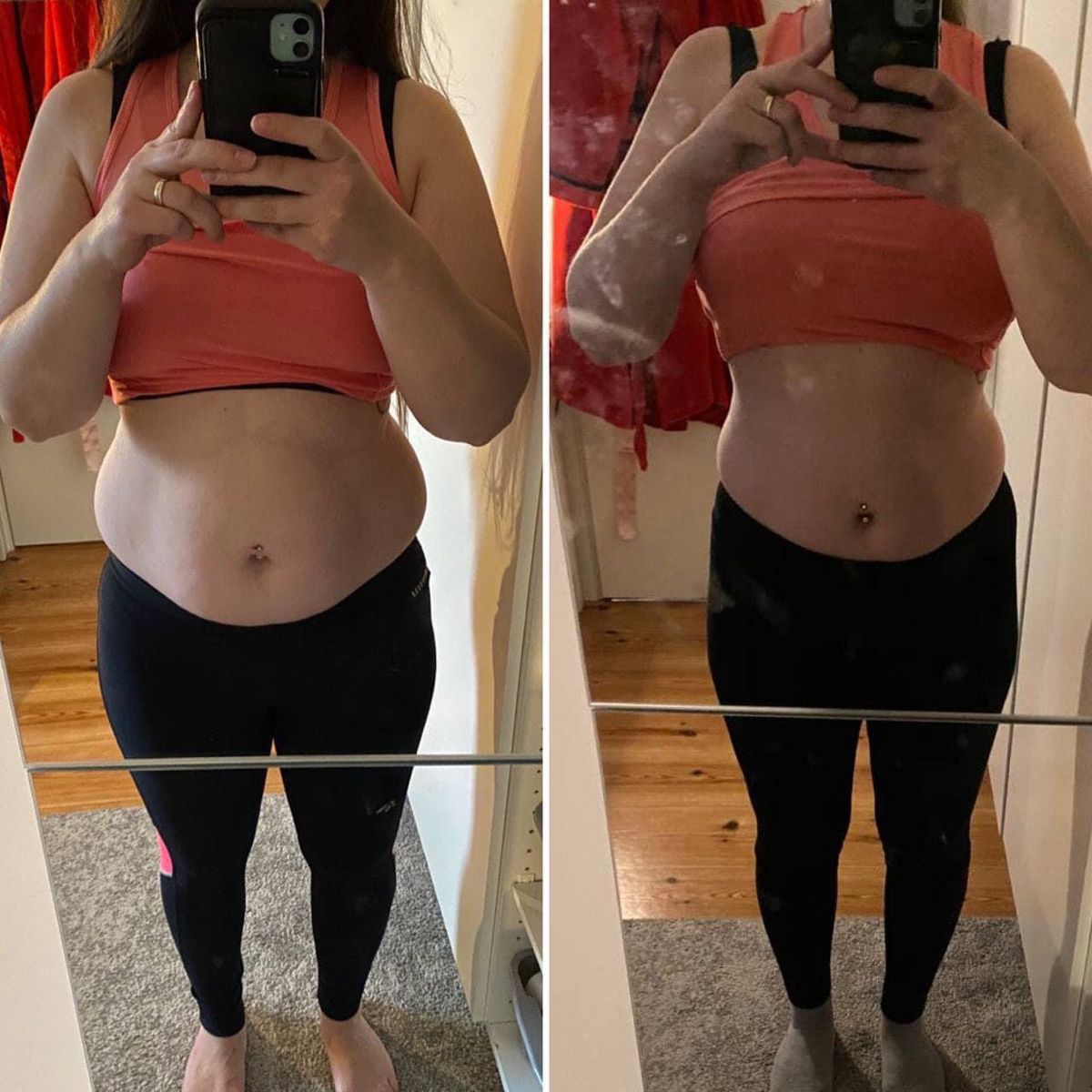 Antes e depois de uma aluna da Dieta da Selva, com barriga bem mais seca.