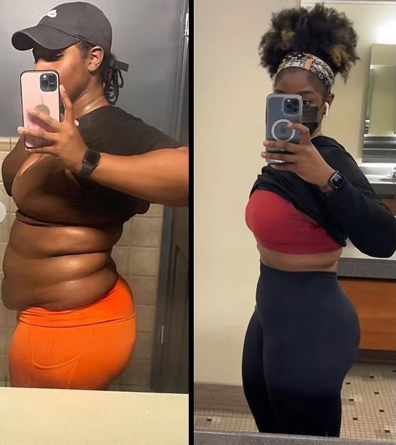 Antes e depois de uma aluna com grande redução de barriga e quadril.