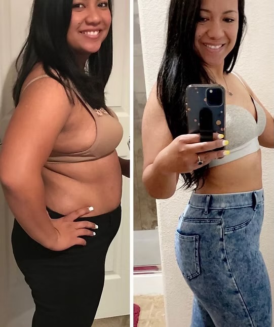 Antes e depois de uma aluna com corpo mais definido e cintura afinada.
